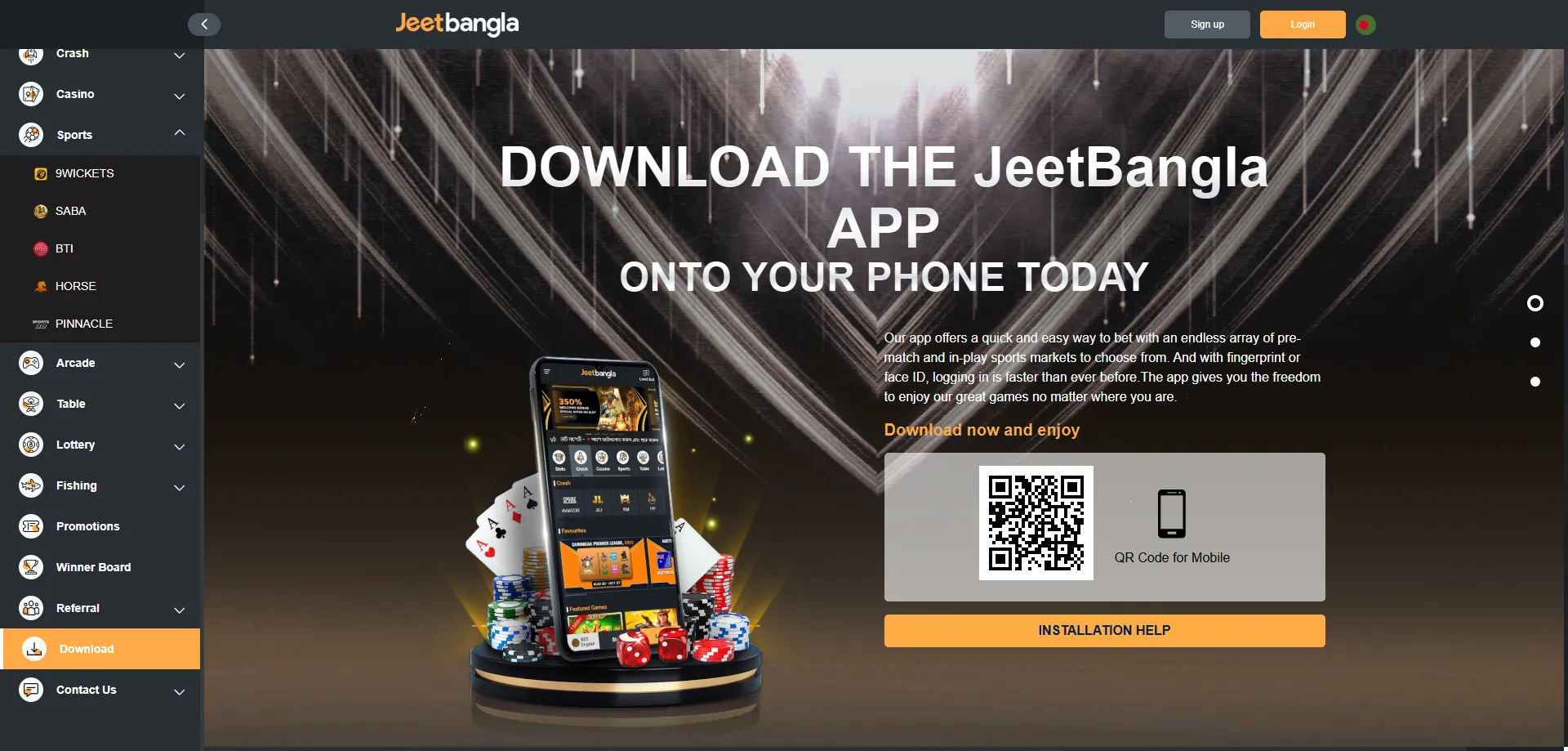 jeetbangla casino mobile app interface on Android device