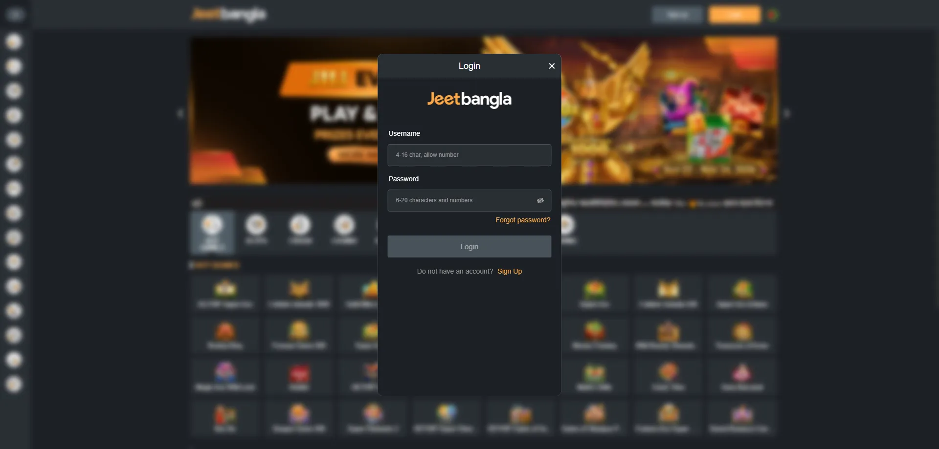 jeetbangla casino account creation and login screen overview